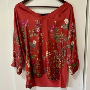 SFERRA|Exquisite Wine Red Floral Deep V-Neck Satiny/Cotton Blouse Loose Top Sz L